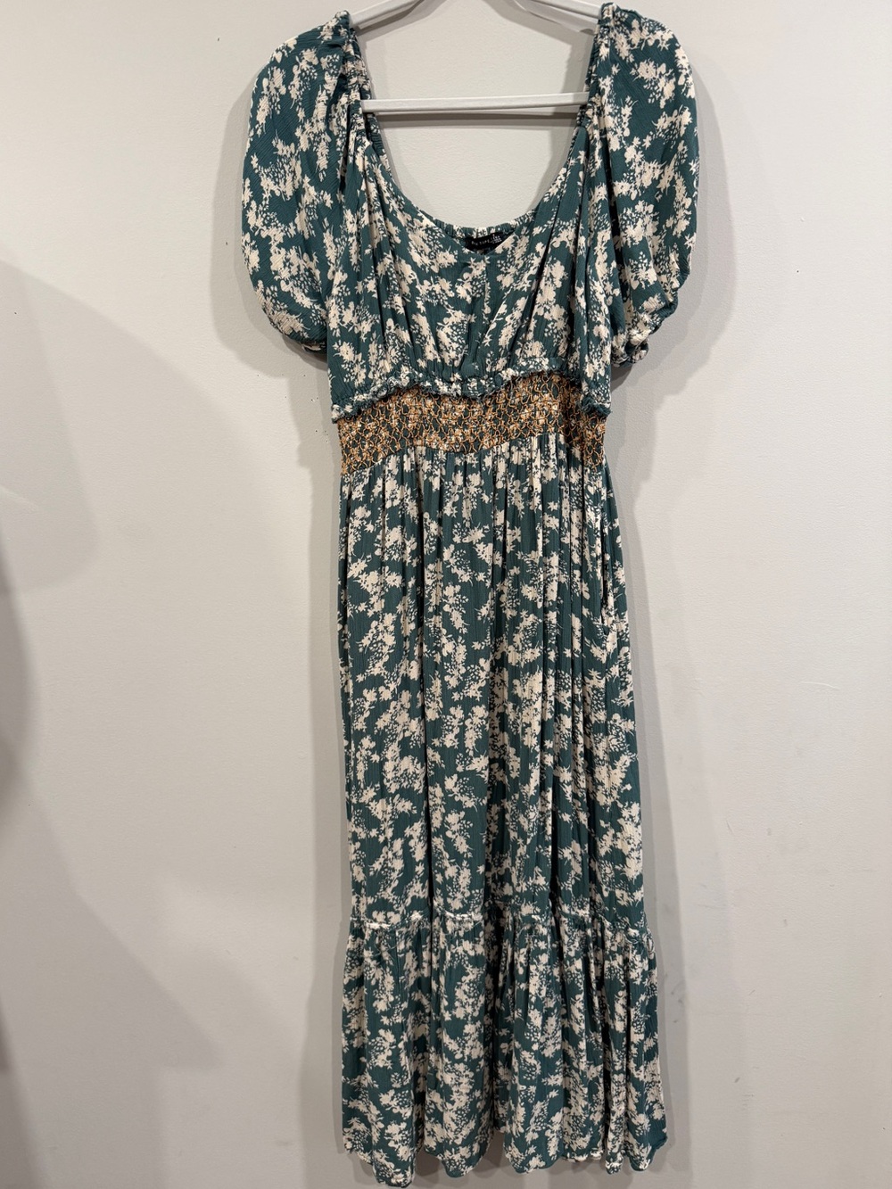 Black Tape_ Teal Floral Maxi Dress with Cream Print and Gold Smocking